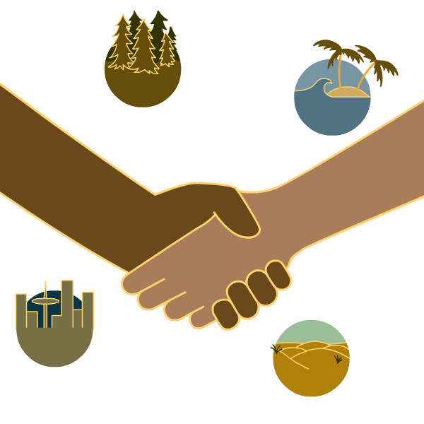 two people shaking hands surrounded by symbols for forests, beaches, deserts, and cities