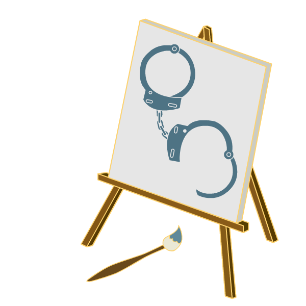 canvas with one closed handcuff and one open handcuff and paintbrush 